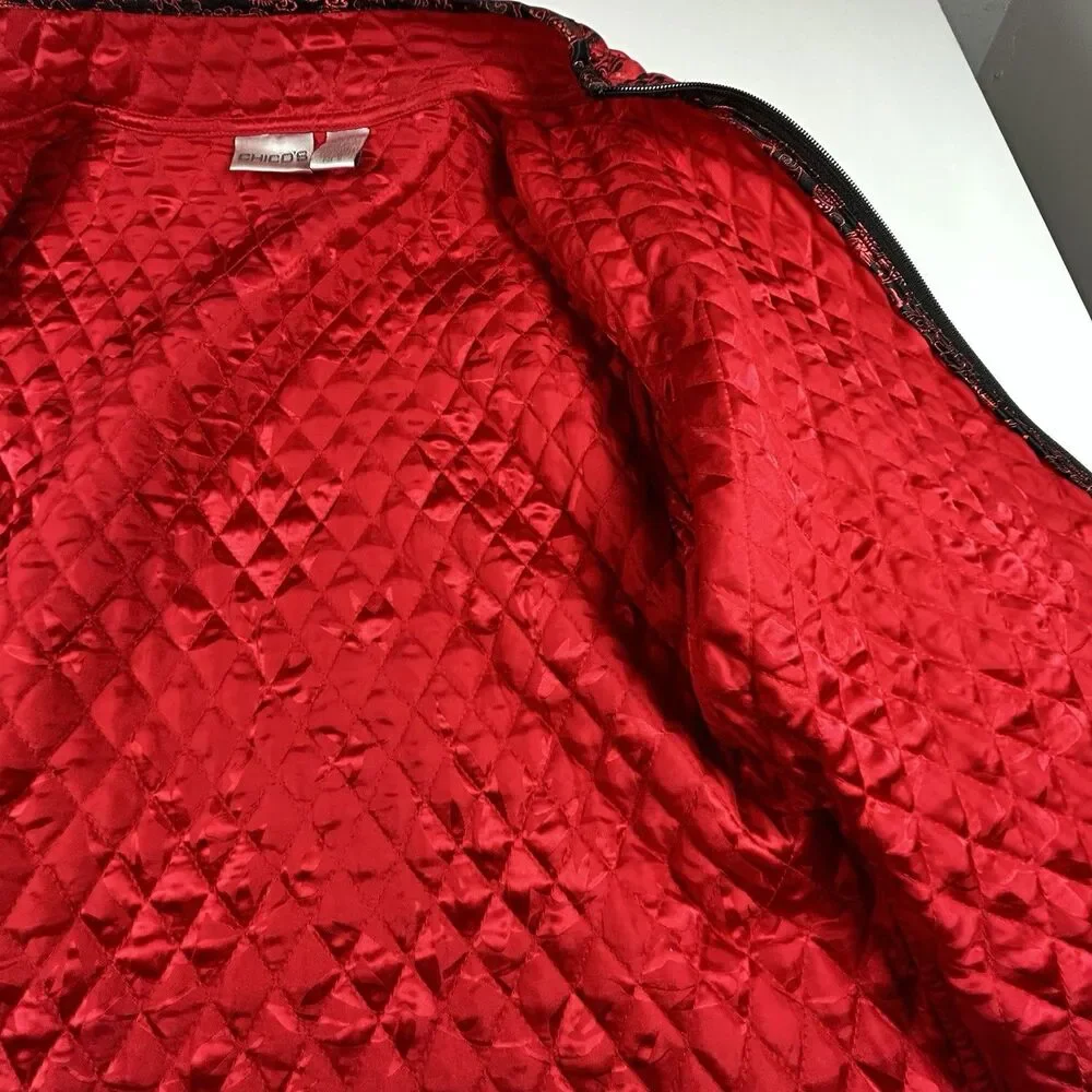 Chico's Silk Quilted Jacket Womens Sz 2 (L) Red Chinese Lantern Print Zip Front
